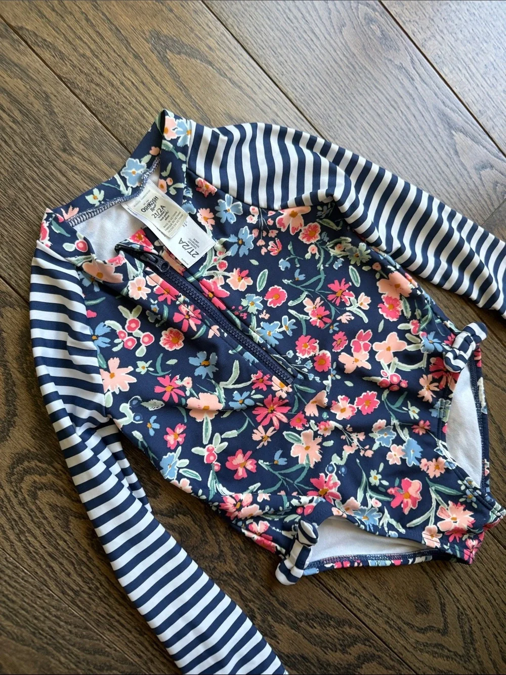 OshKosh B'gosh Navy Floral Long-Sleeve One-Piece Swimsuit with Striped Sleeves 2